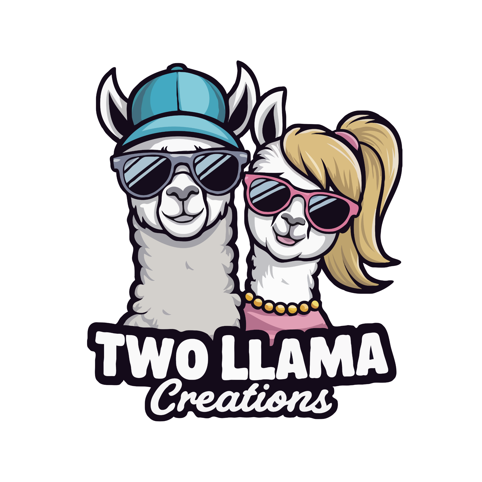 Two stylish llamas wearing sunglasses, the Two Llama Creations logo
